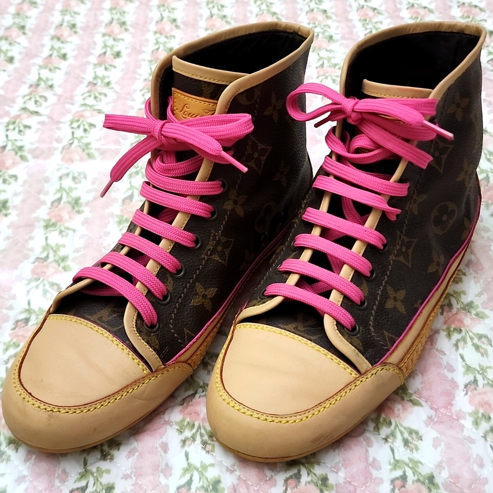 Louis Vuitton 💎 Monogram Canvas Capucine High Top Pink Strap Lace Sneakers 37 7